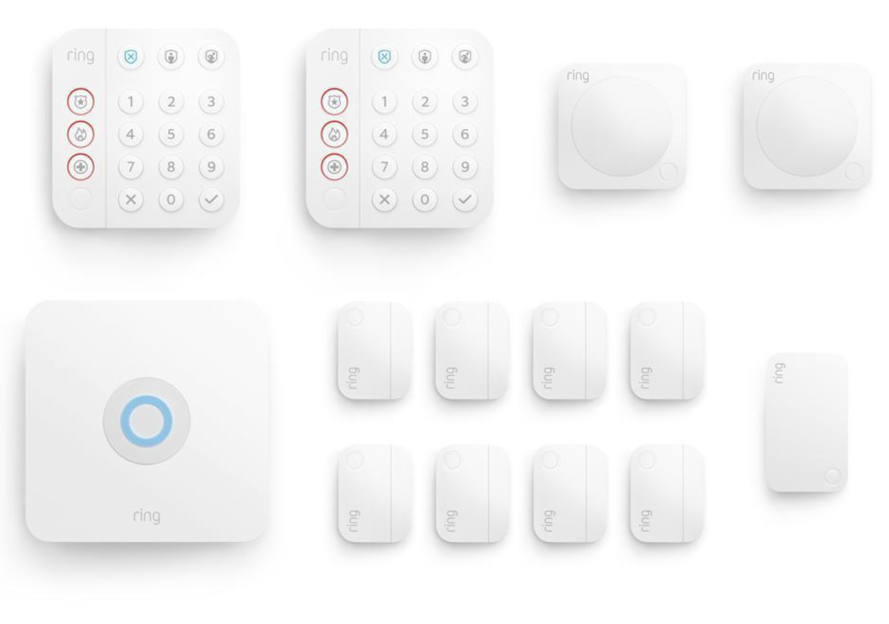 Ring Alarm Security Kit 14 Piece Showing Base Station, Two Keypads, Eight Door Window Contact Sensors, Two Motion Detectors, and Range Extender