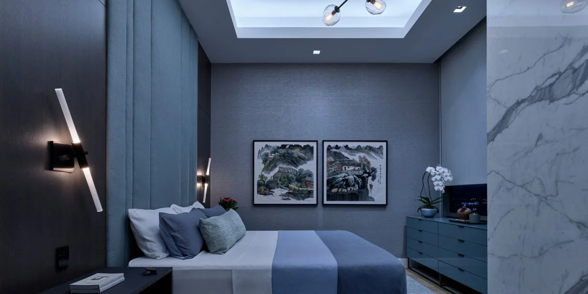 Lutron Ketra calm cool primary bedroom suite with Chinese landscape art and modern wall sconces | VIP Smart Homes Seattle