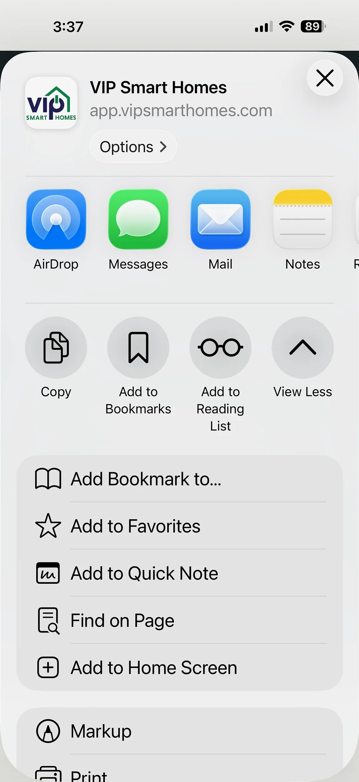 Adding the VIP Smart Homes app to an iPhone home screen using the Safari Share menu