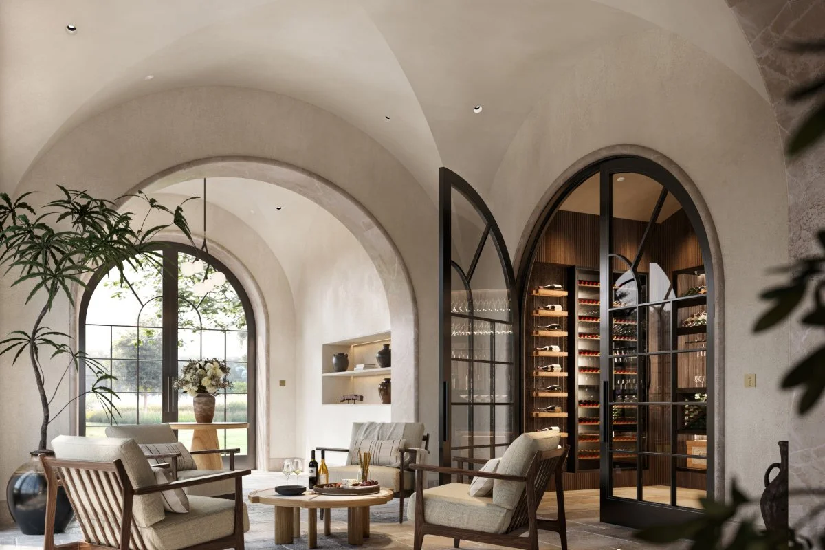Lutron Ketra arched wine cellar with custom rack and tasting lounge | VIP Smart Homes Seattle