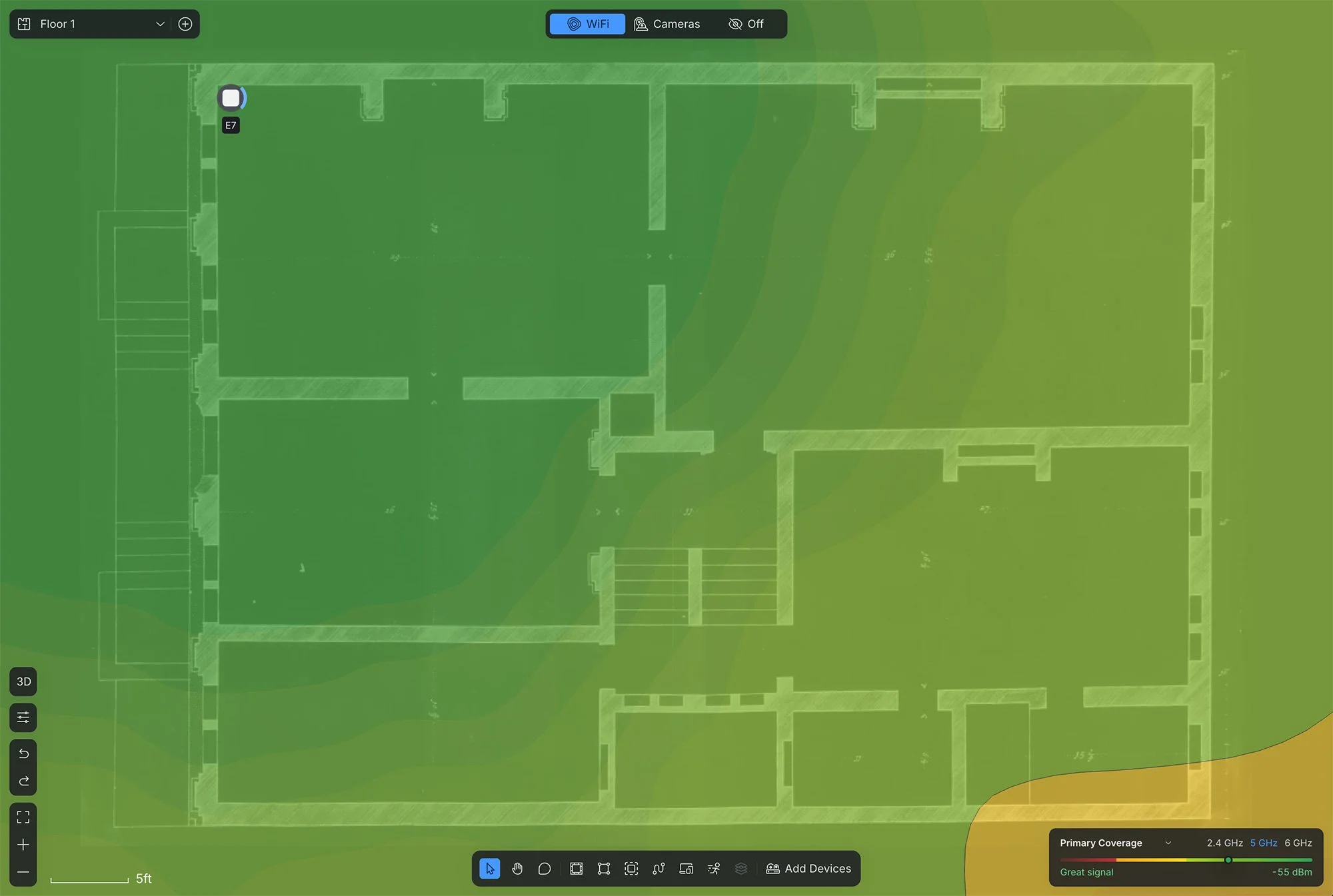 UniFi InnerSpace WiFi coverage heatmap showing one E7 access point on a floor plan with a weak signal gap in the far corner | VIP Smart Homes