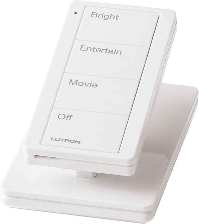 Lutron Pico Scene Remote on Tabletop Pedestal Mount with Bright Entertain Movie Off Engraved Buttons | VIP Smart Homes Seattle