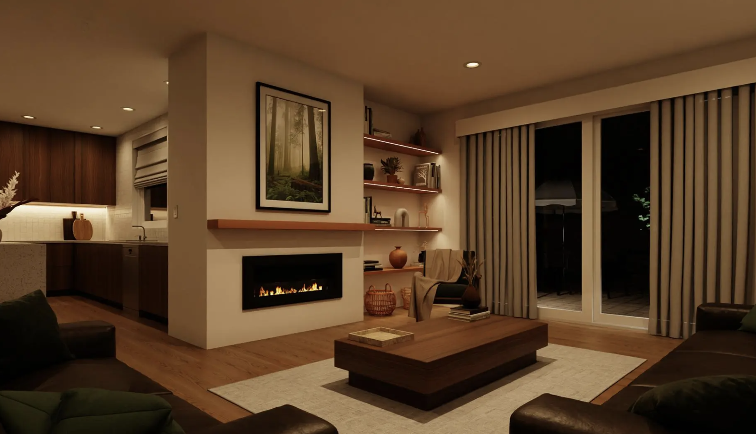 Lutron Ketra warm amber evening light in luxury living room as Natural Show shifts to dusk | VIP Smart Homes Seattle