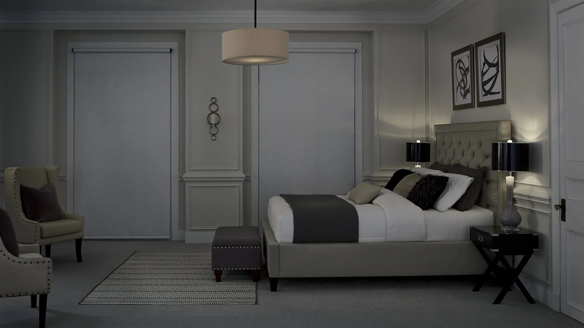 Lutron Palladiom Shades at Night in Modern Living Room | VIP Smart Homes Seattle