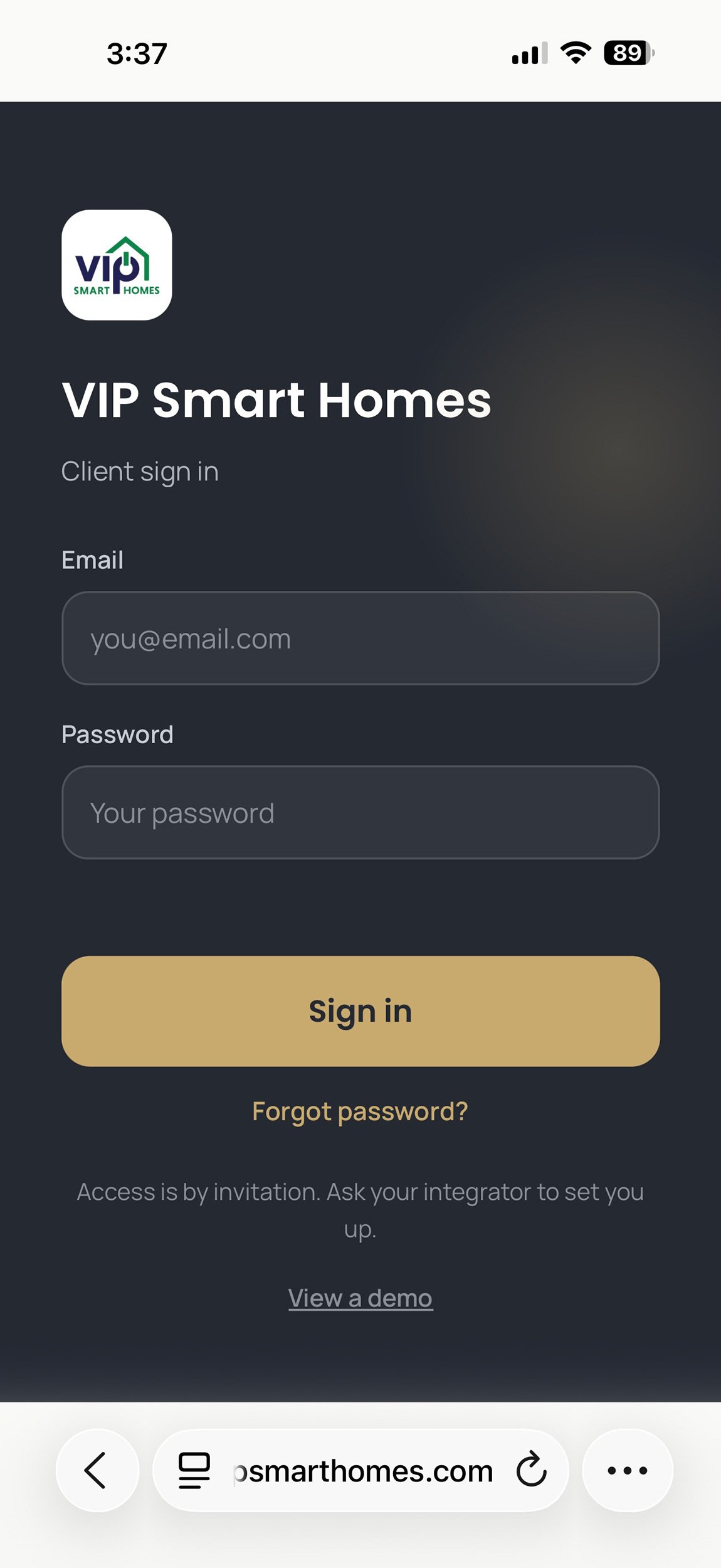 VIP Smart Homes client app login screen on a smartphone for luxury smart home support members
