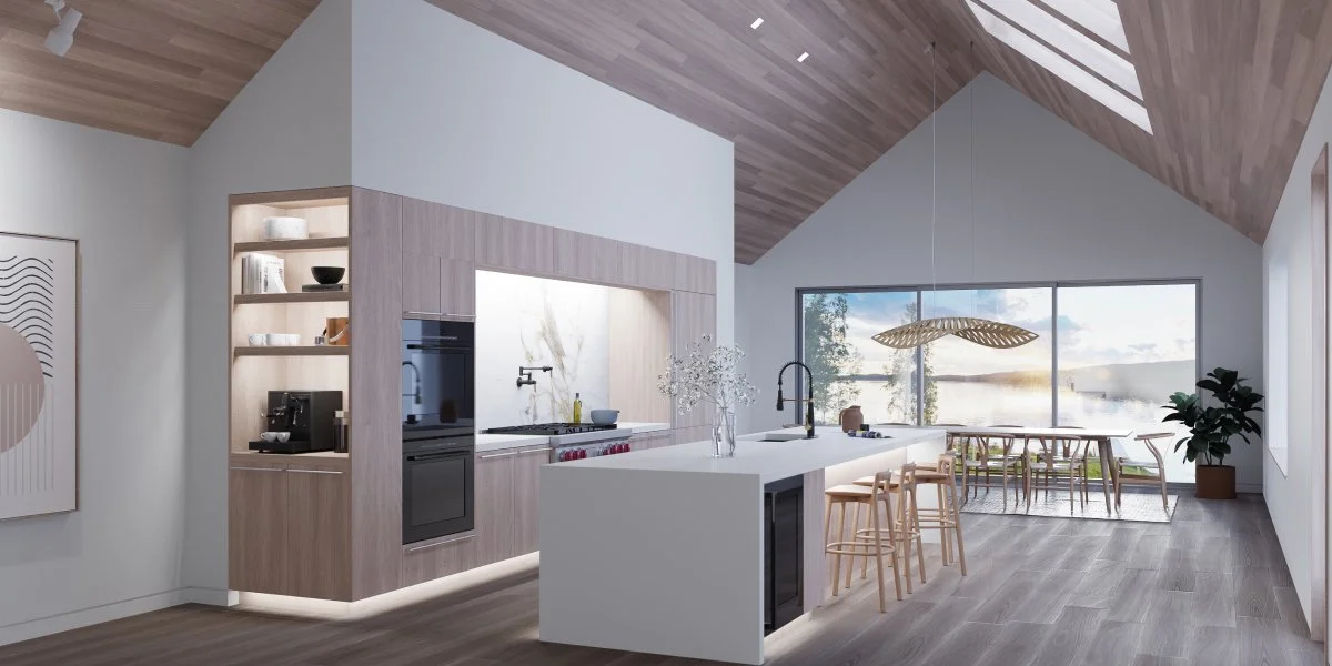 Lutron Ketra bright morning daylight in modern open plan kitchen supporting alertness and focus | VIP Smart Homes Seattle