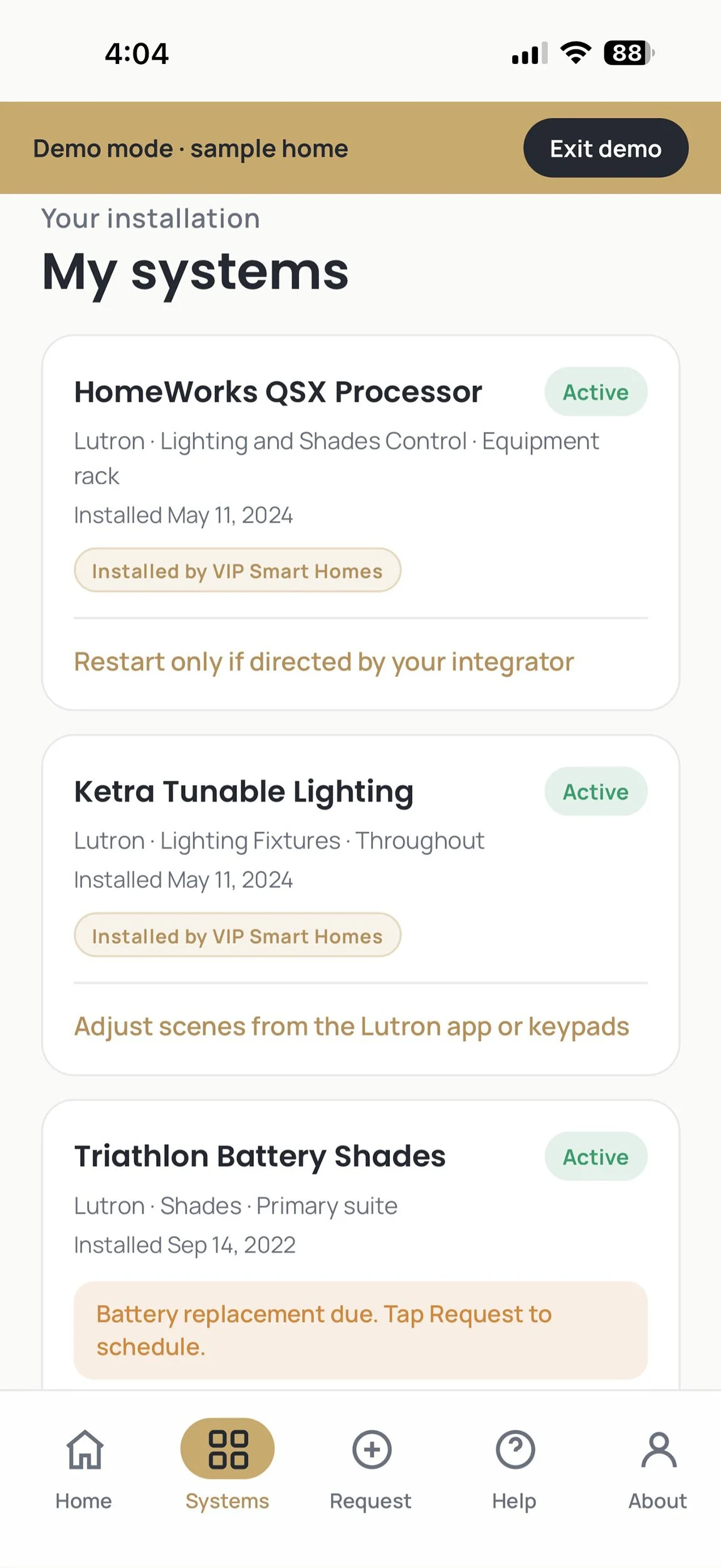 VIP Smart Homes client app system inventory listing installed smart home equipment by category