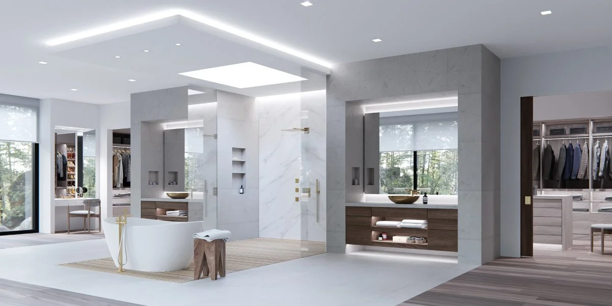 Lutron Ketra LSO Lightbar Slim cove and vanity lighting in luxury modern primary bathroom | VIP Smart Homes Seattle
