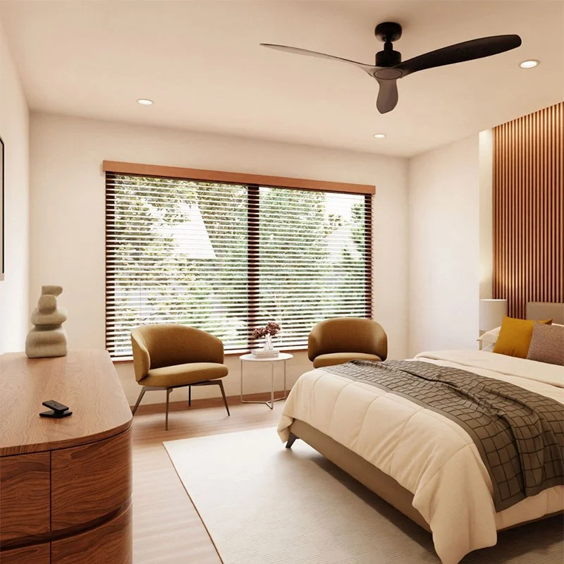 Lutron motorized wood blinds with dark walnut slats in modern luxury bedroom with ceiling fan and contemporary furnishings