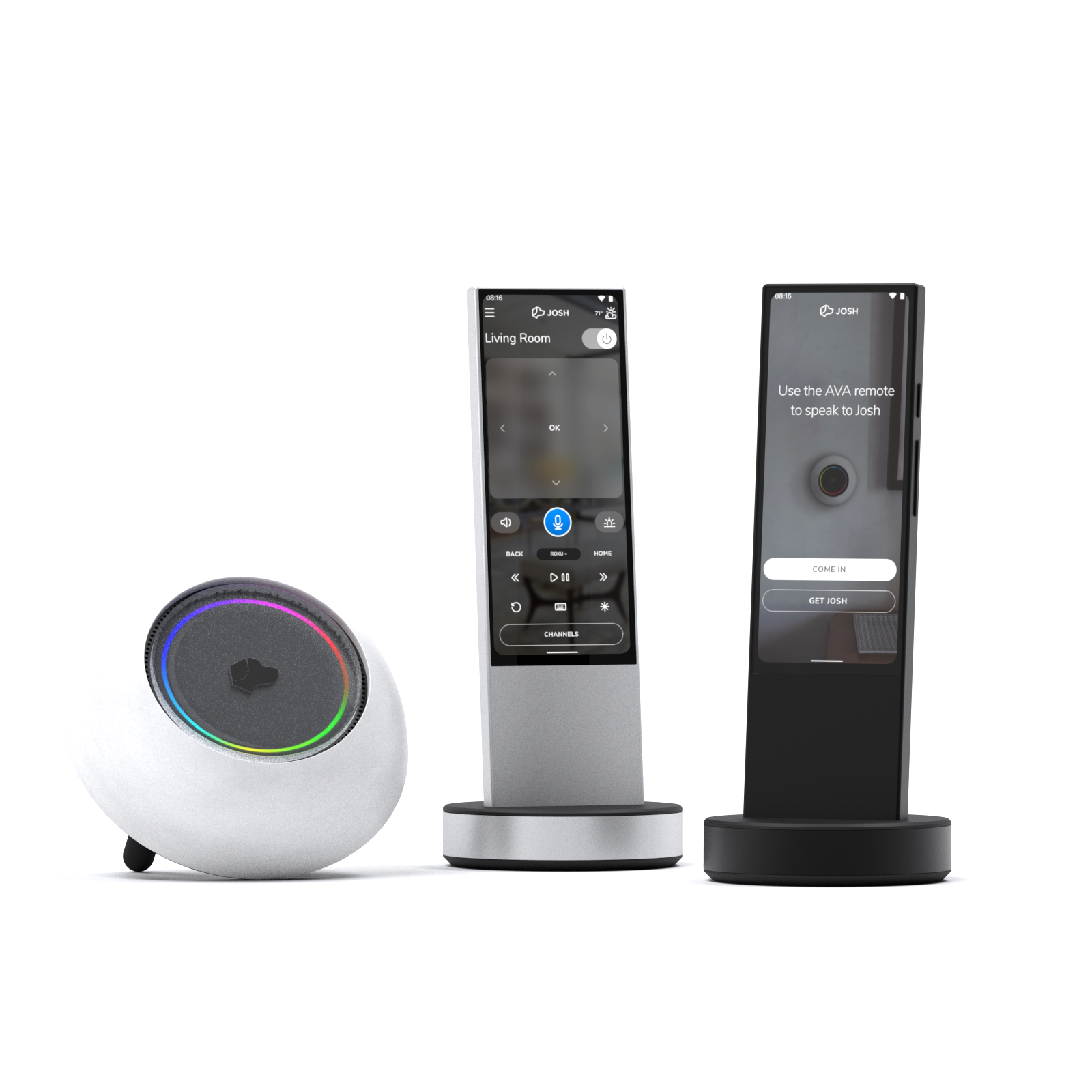 AVA Home Remote RX1 by Josh.ai in black and silver aluminum finishes