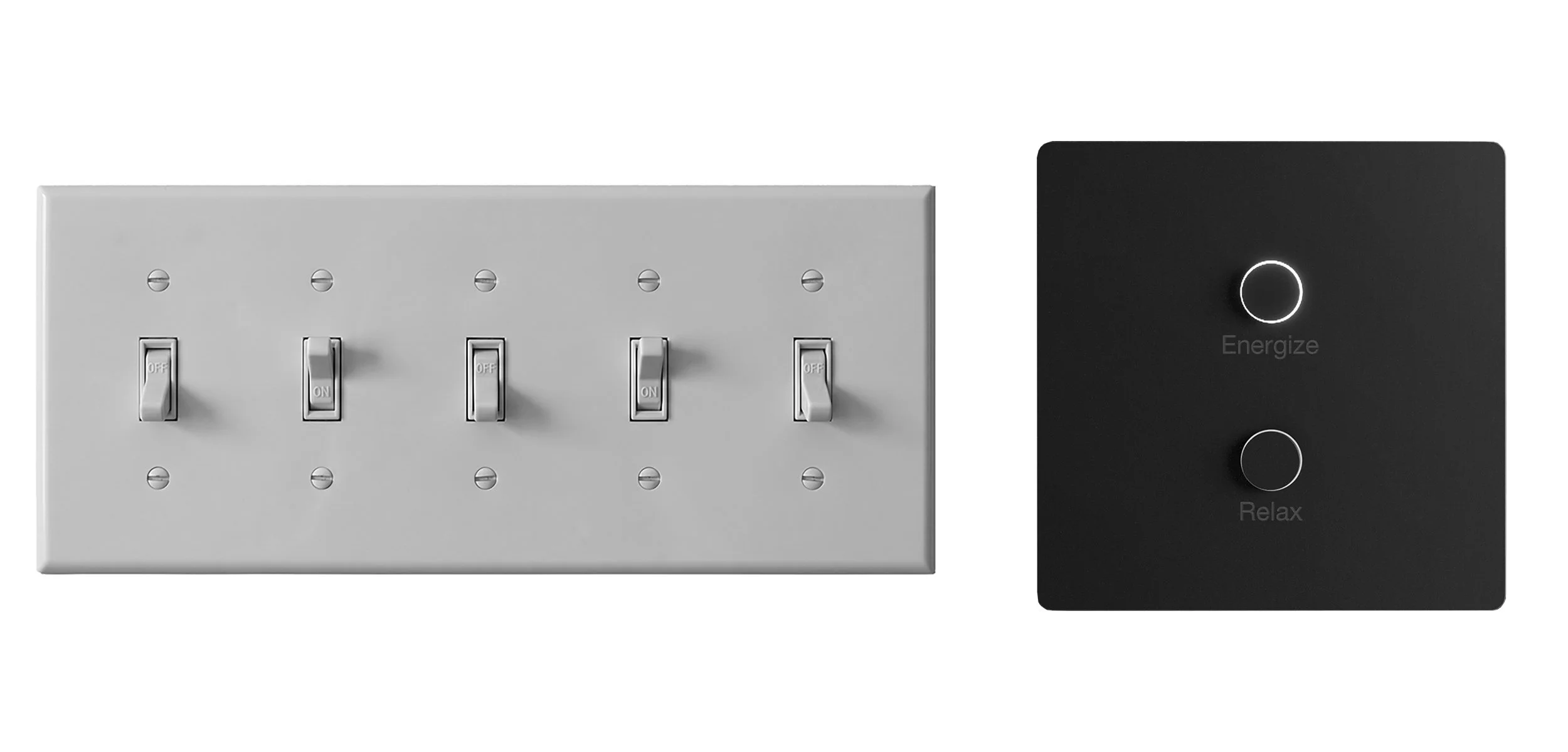 Four standard toggle light switches compared to a single Lutron Palladiom keypad with Energize and Relax scene buttons for new construction homes