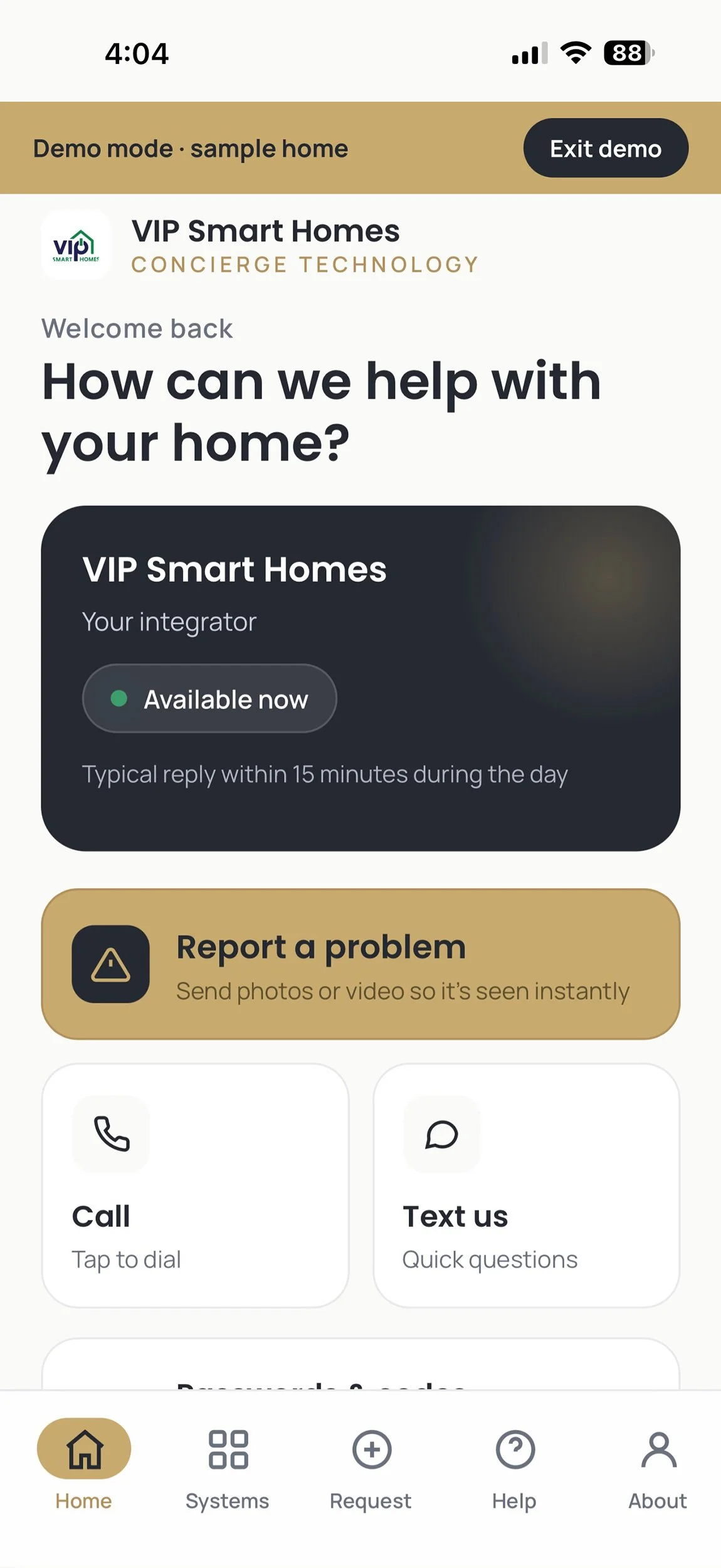 VIP Smart Homes client app home screen showing concierge support and quick actions on a smartphone