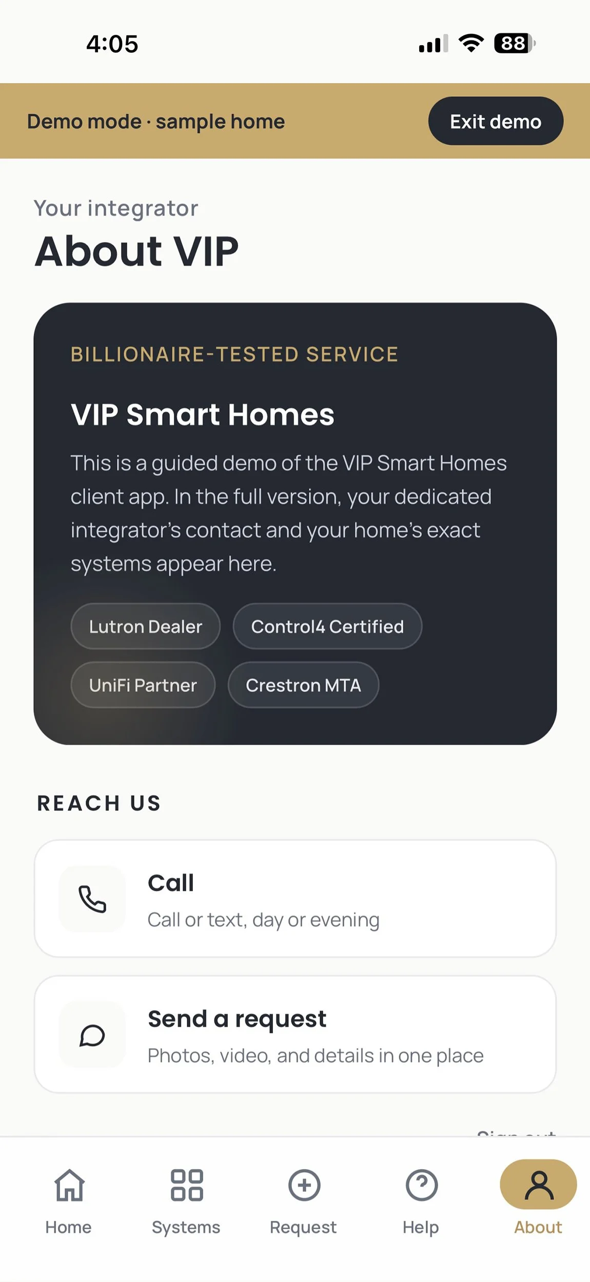 VIP Smart Homes client app about screen introducing your integrator and how to reach the team