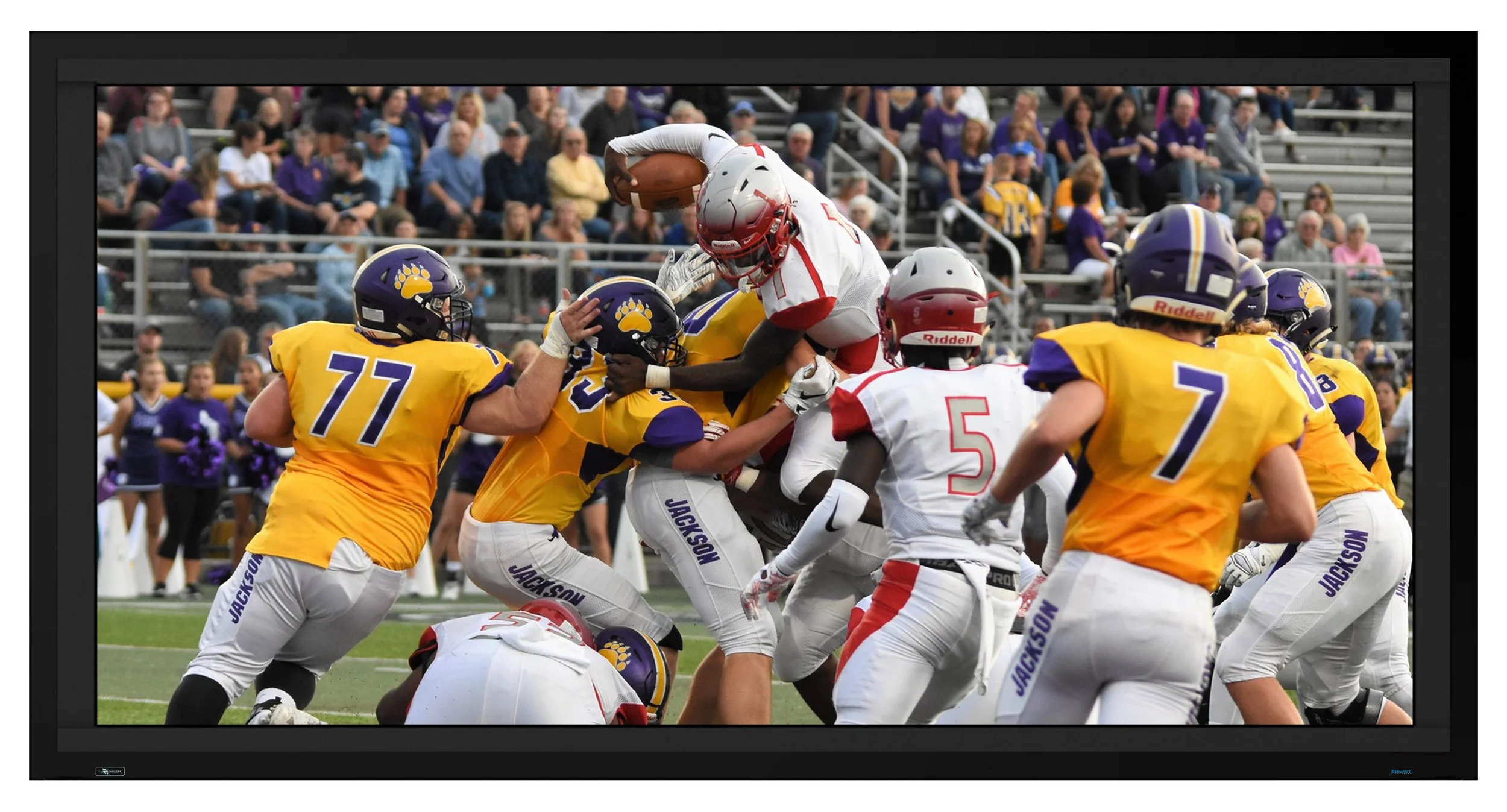 Stewart Filmscreen Director's Choice EVO screen displaying a football broadcast with a detailed stadium crowd