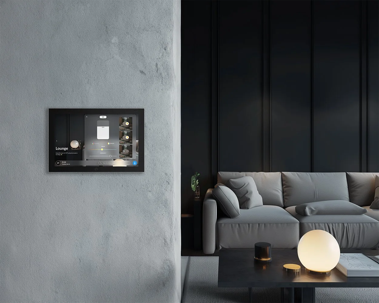Josh Touchscreen wall mounted in a living room showing room level smart home control