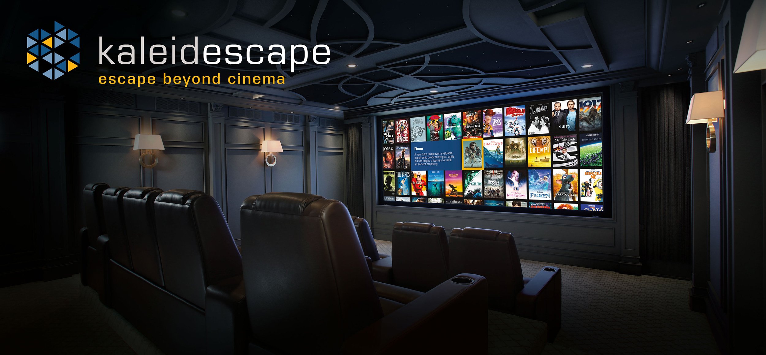 Luxury home theater with the Kaleidescape movie library on screen, an authorized Kaleidescape dealer installation by VIP Smart Homes Seattle