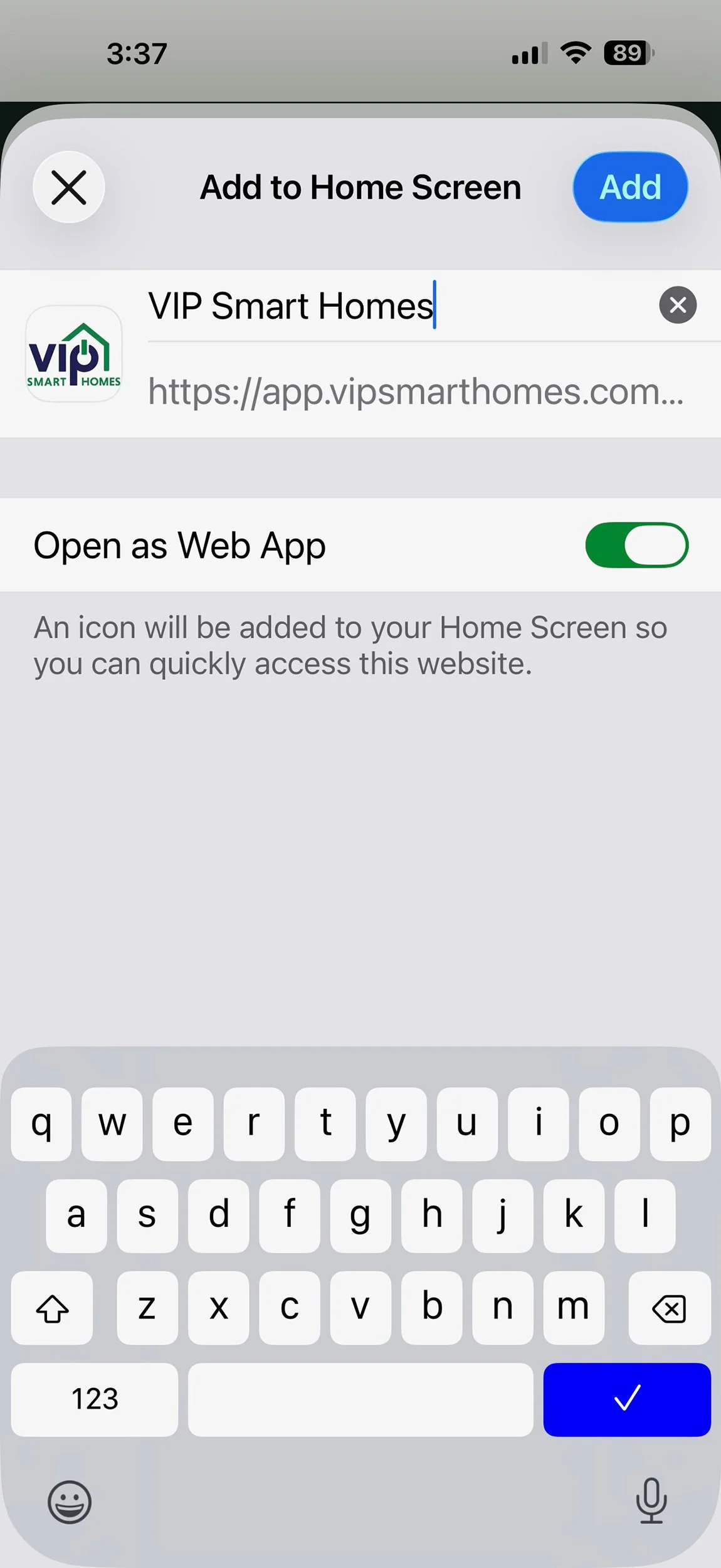 Naming the VIP Smart Homes app and tapping Add on an iPhone home screen