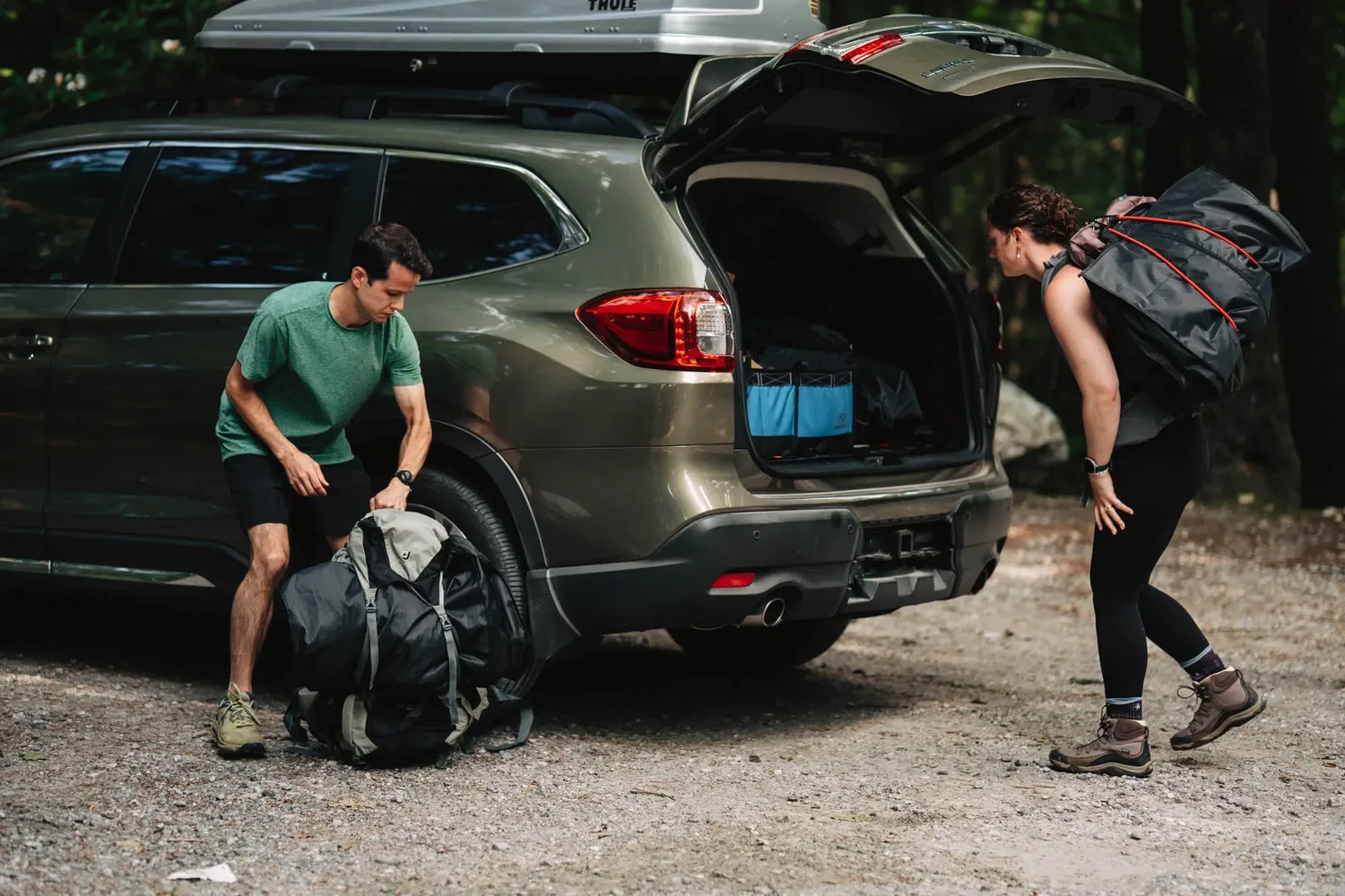 Packing gear at the Hawksbill trailhead before the hike.