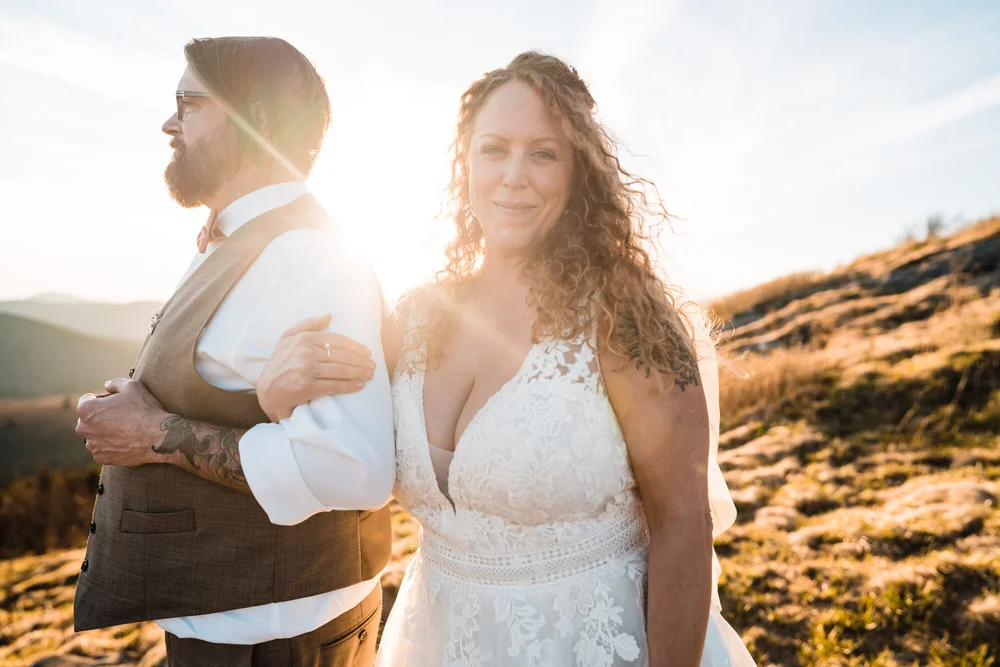 Kimb and Roland in their wedding clothes during a sunset adventure session in the Blue Ridge Mountains