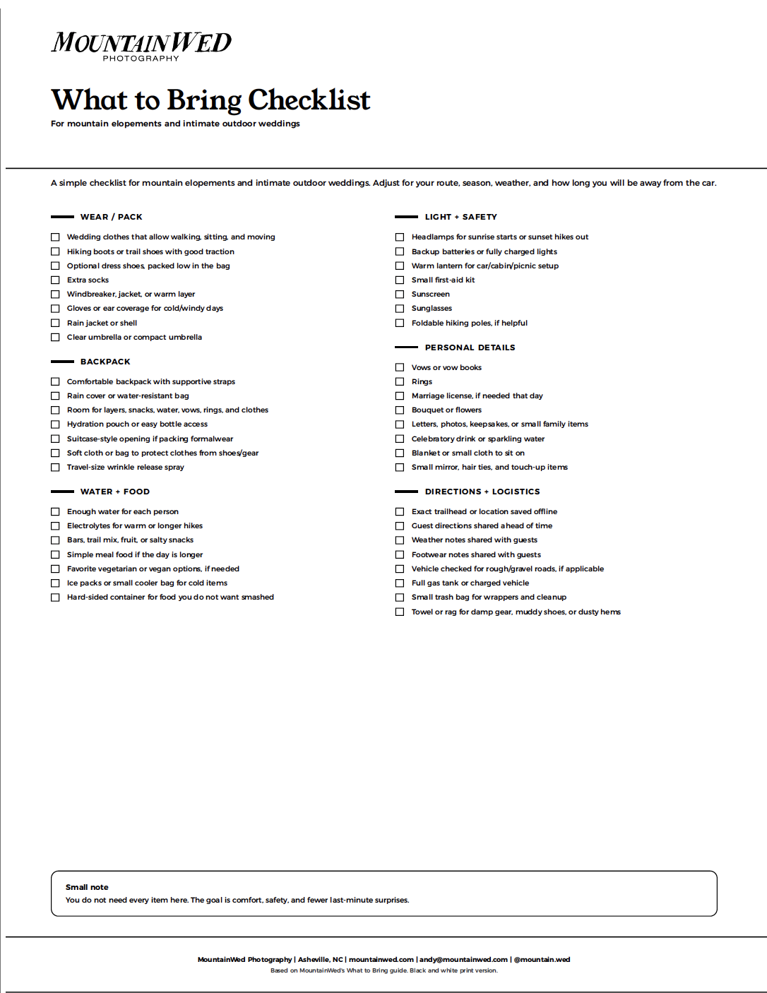Preview of the MountainWed adventure elopement packing checklist
