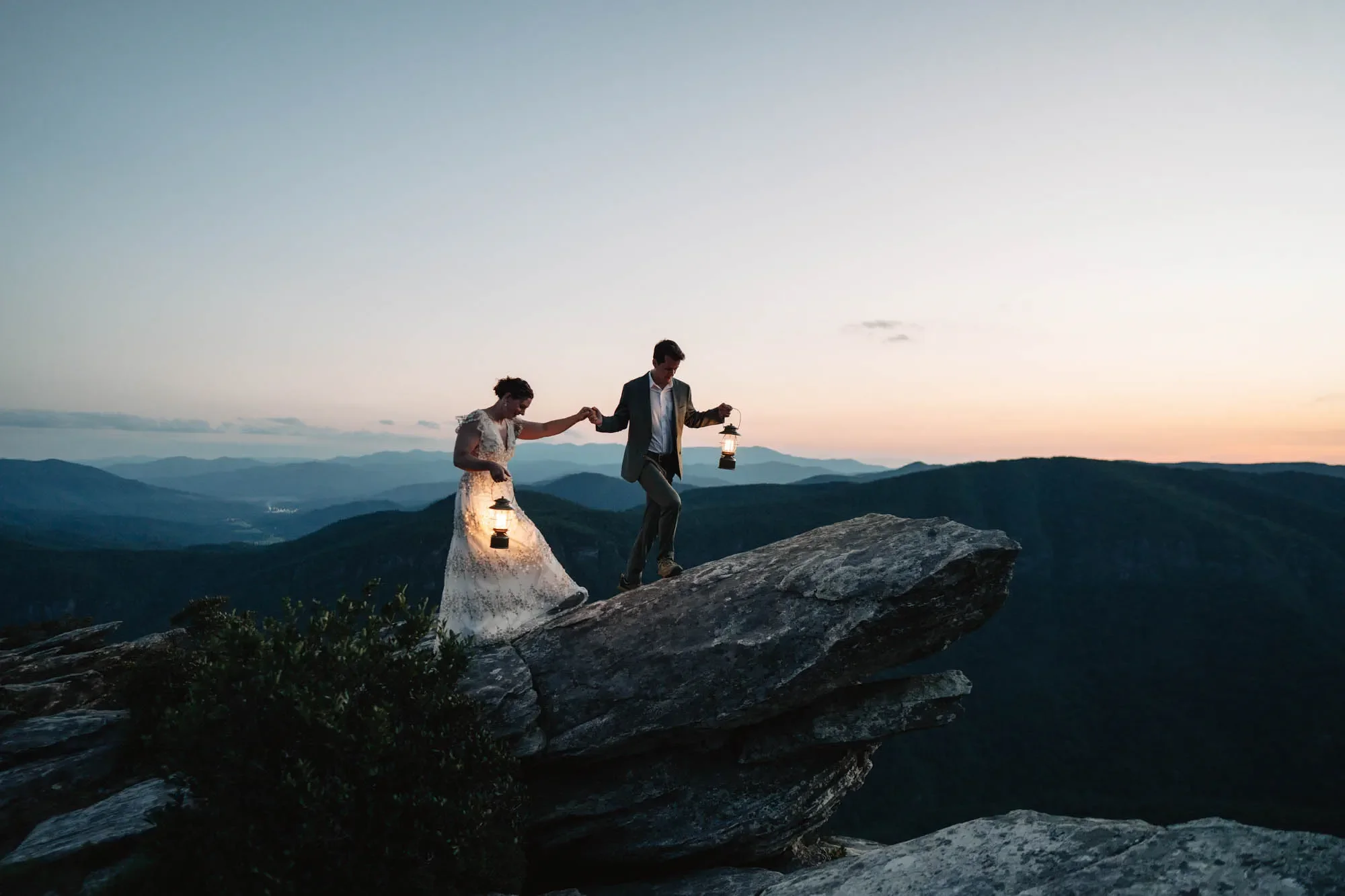 A couple sharing a quiet moment during a mountain wedding adventure in Western North Carolina