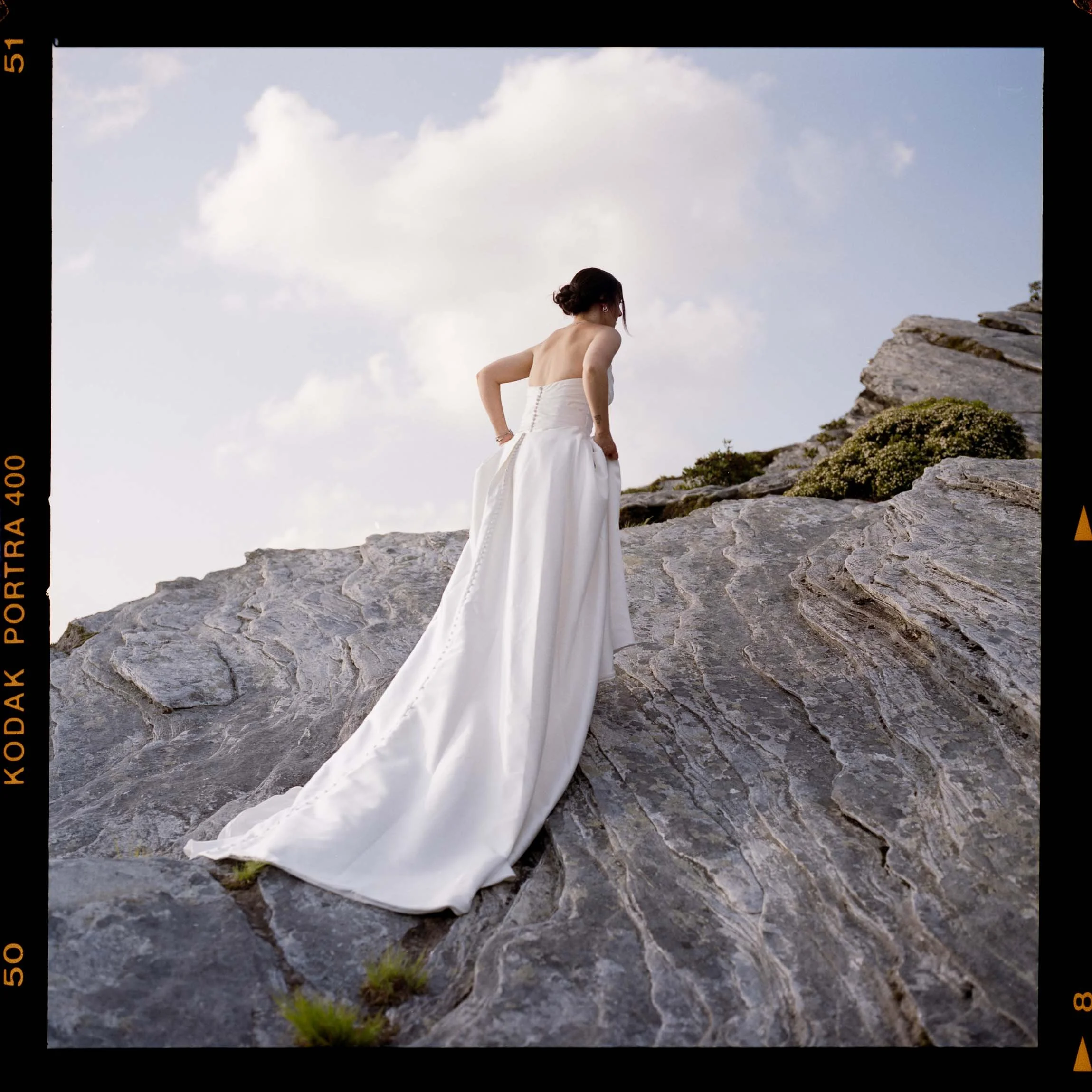 Square film photograph from a mountain wedding adventure session