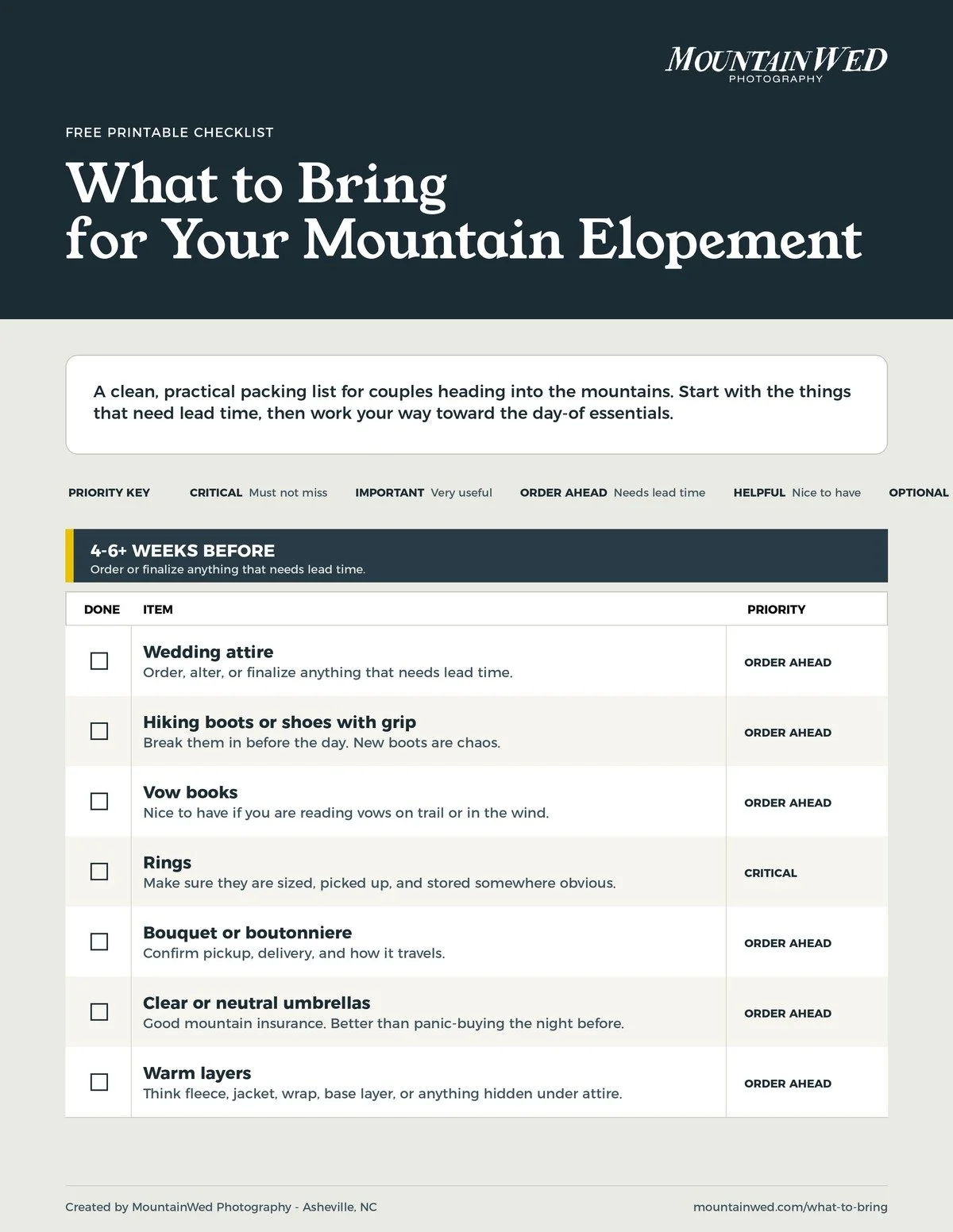 Preview of the MountainWed adventure elopement packing checklist