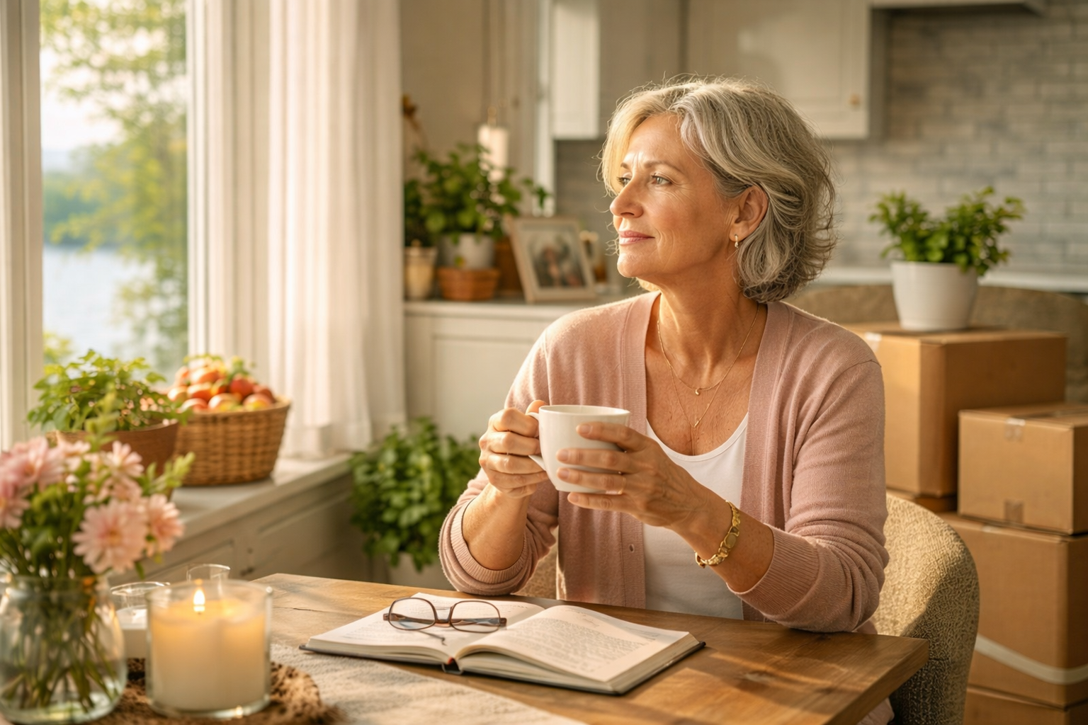 Woman having coffee at home reflecting on a life change