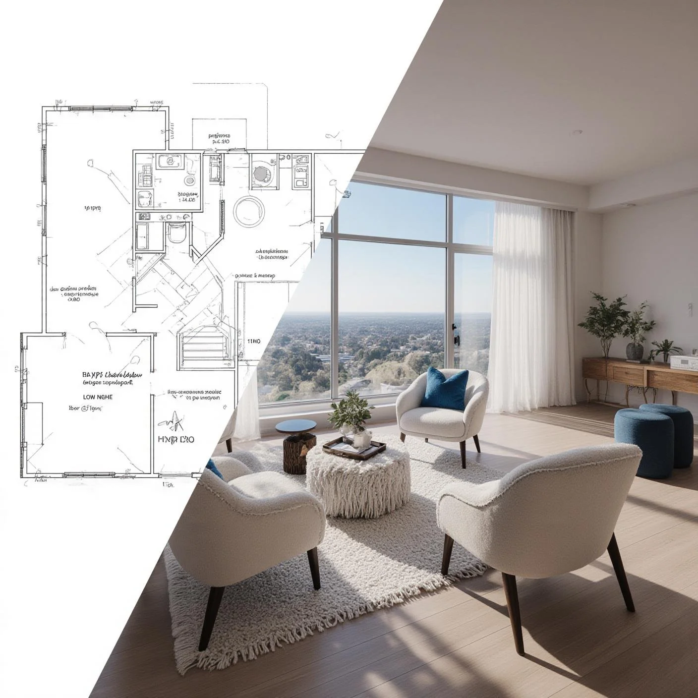 Split image of a hand drawn floor plan and a finished living room in a Gig Harbor home