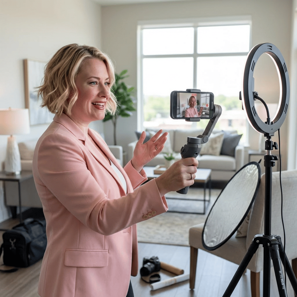 Stacia Whatley filming a social media video tour inside a Gig Harbor home