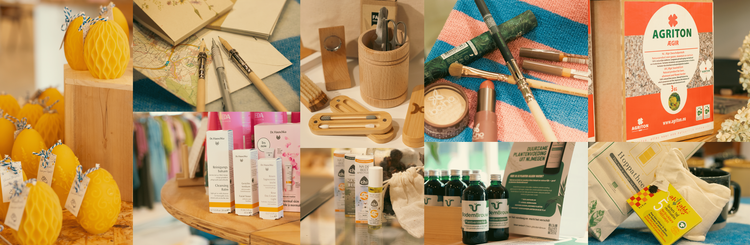 Een collage van allerhande kleine artikelen, van kaarsen tot cosmetica tot producten voor de tuin