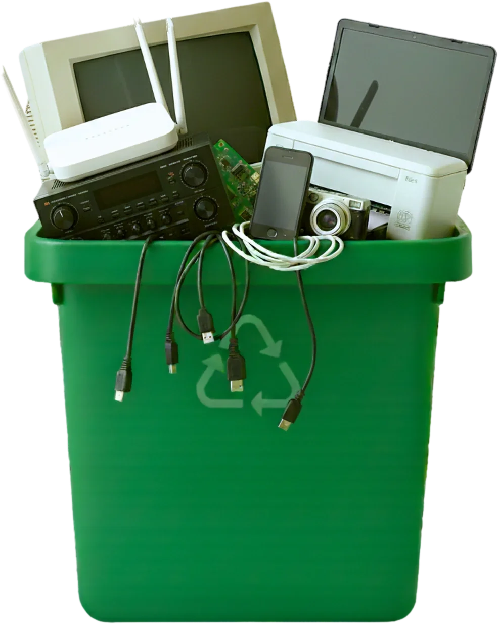 Green recycling bin filled with old computers, phones and cables