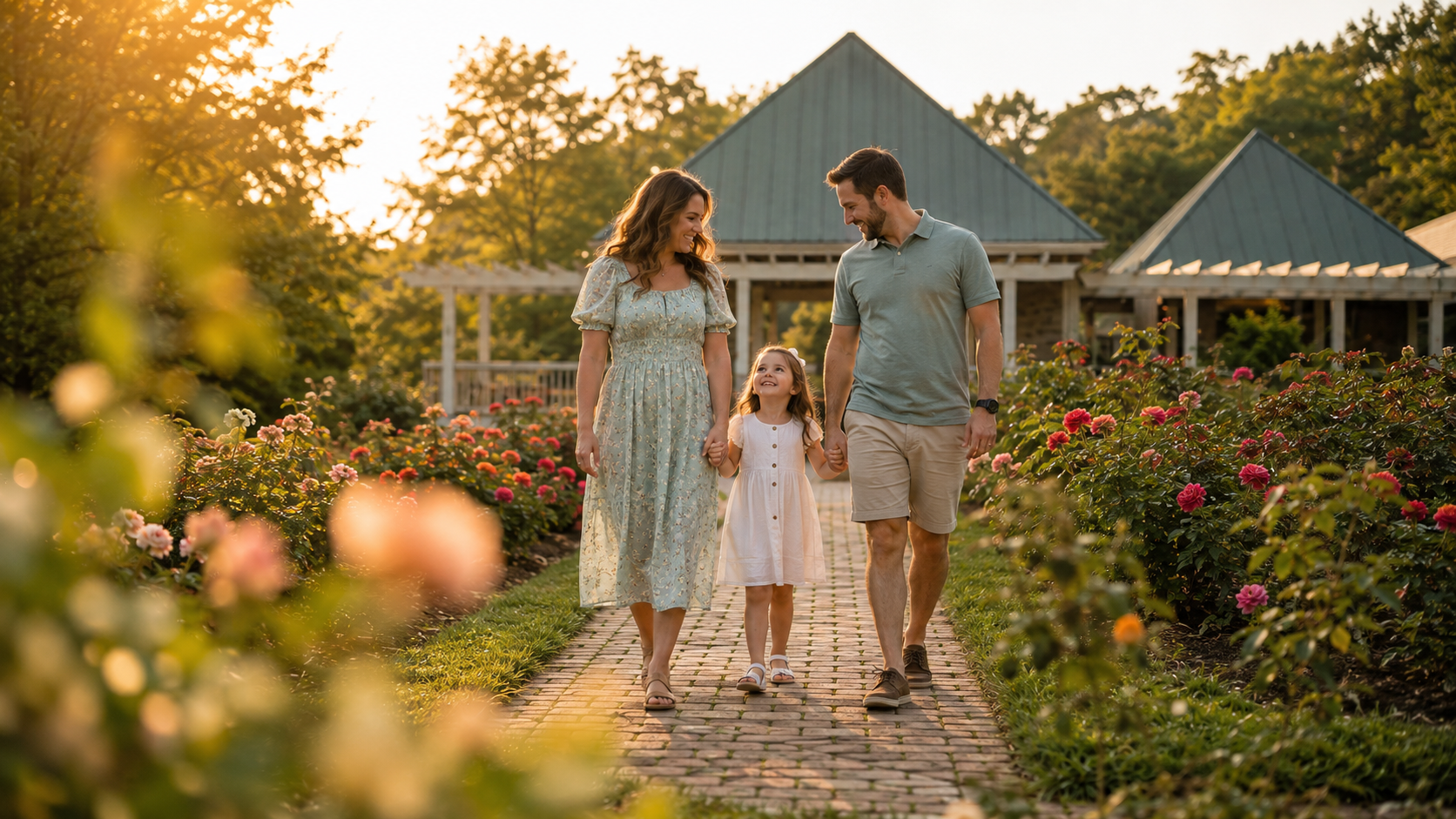 Family walking through Ritter Park in Huntington West Virginia