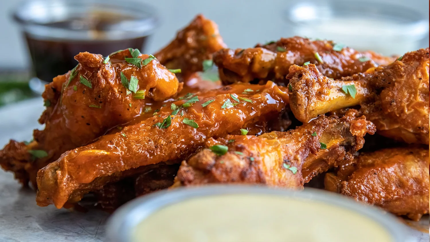 Pizza One wings with dipping sauce
