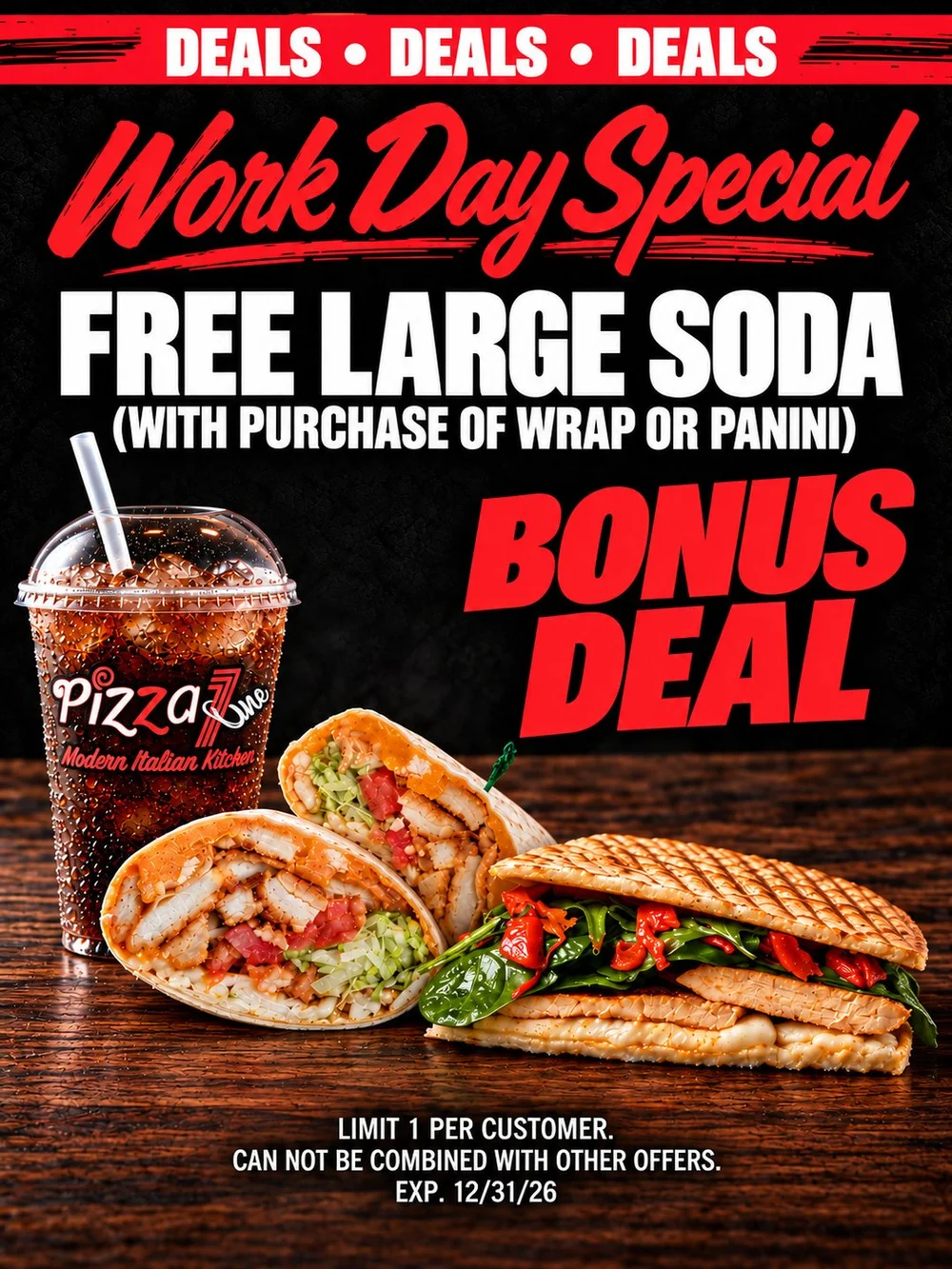 Free large soda with purchase of a wrap or panini