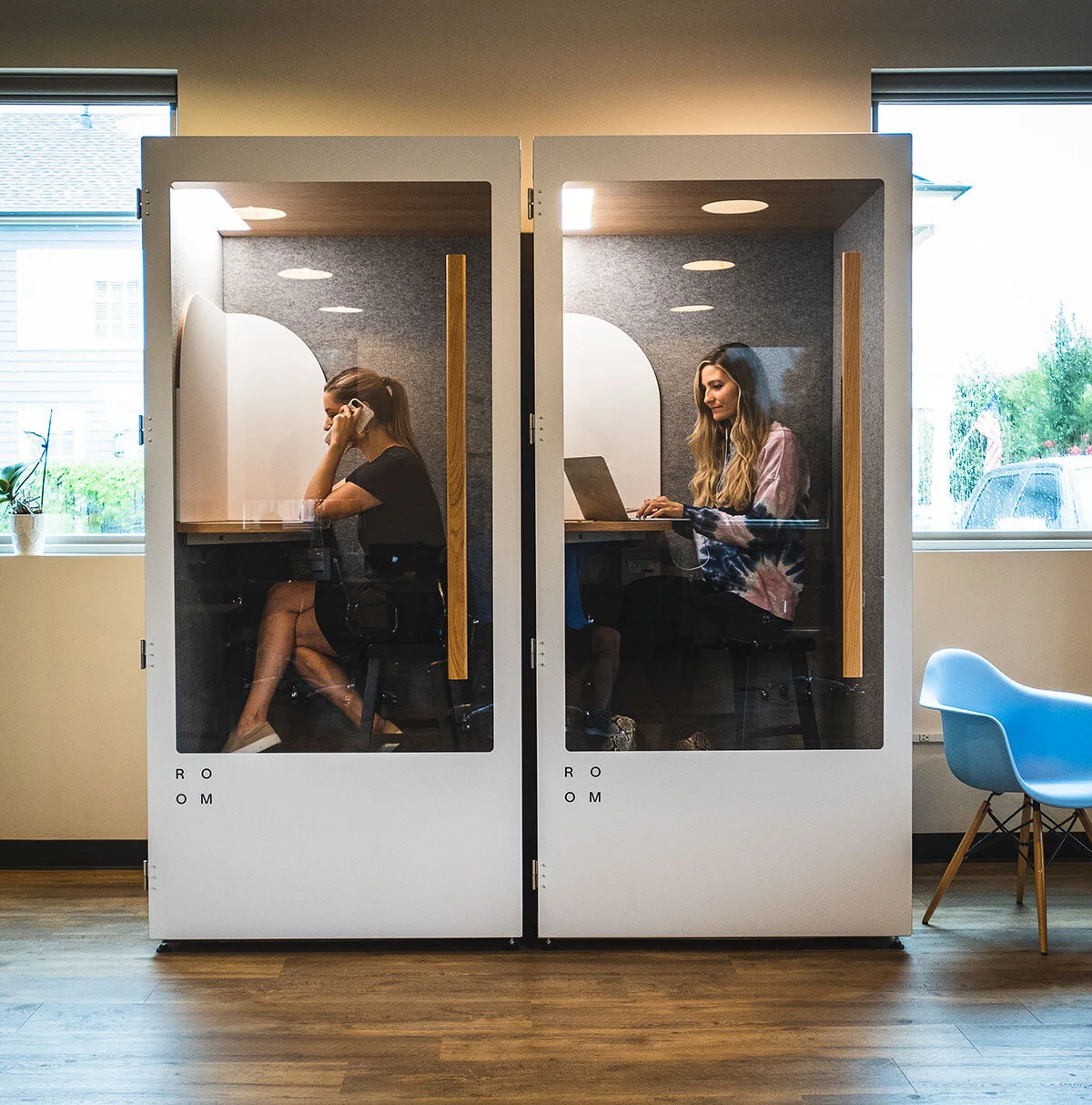 Private phone and video booth inside coworking space in Coppell Texas