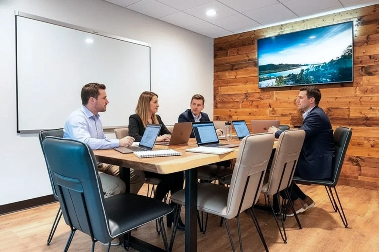 Modern meeting space in Coppell TX near DFW Airport with large whiteboard and comfortable seating