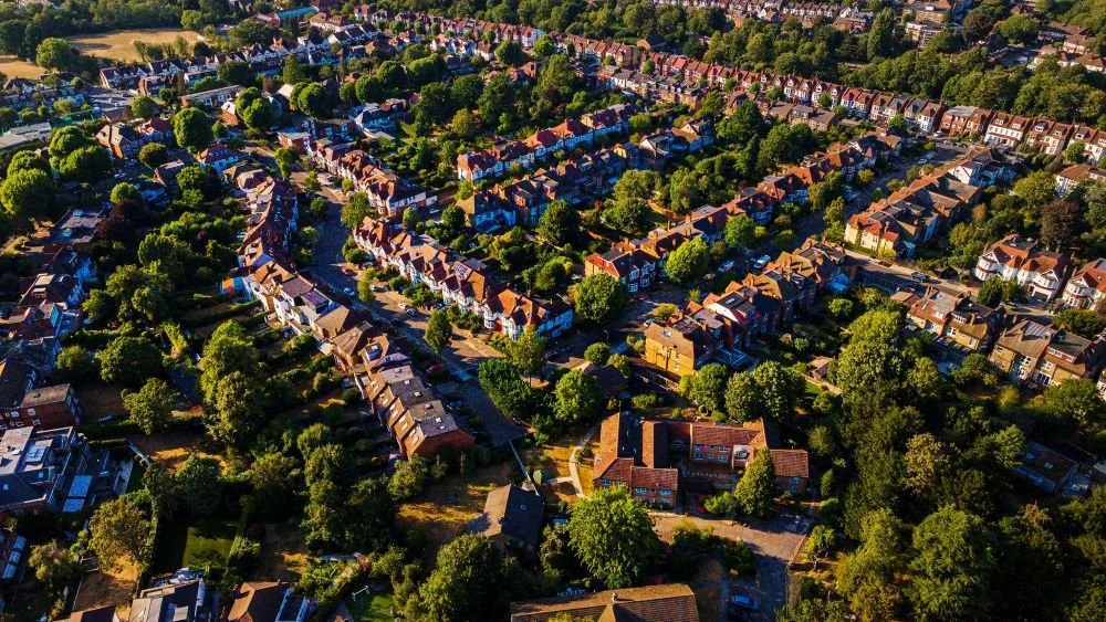 Aerial view of North London residential streets