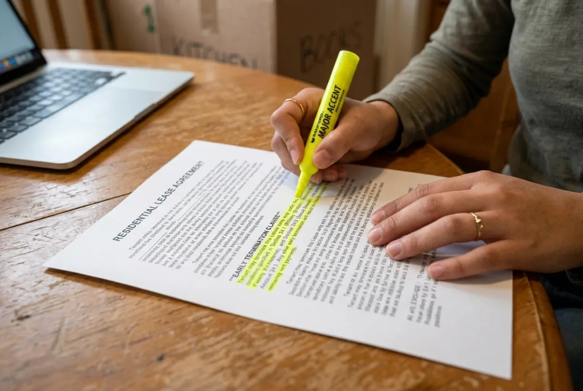 Tenant reviewing lease documents while preparing to break a lease in Texas