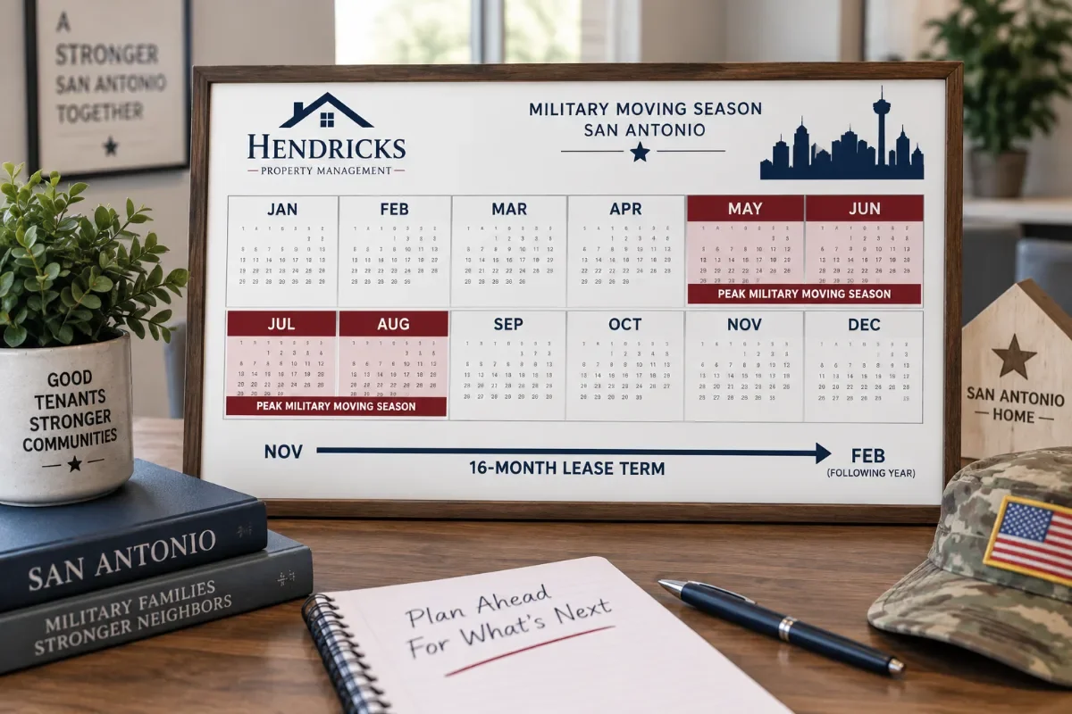 Calendar marking May through August as peak military moving season, with a 16-month lease term mapped beneath