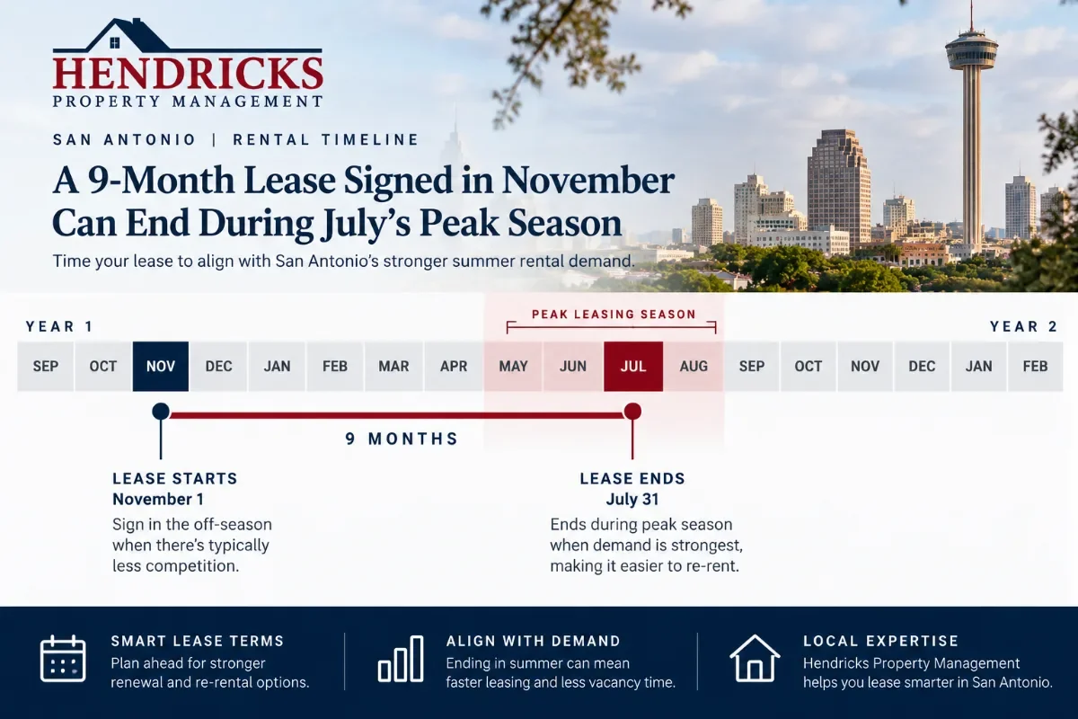 Timeline graphic showing a nine-month lease signed in November ending in the following July peak season