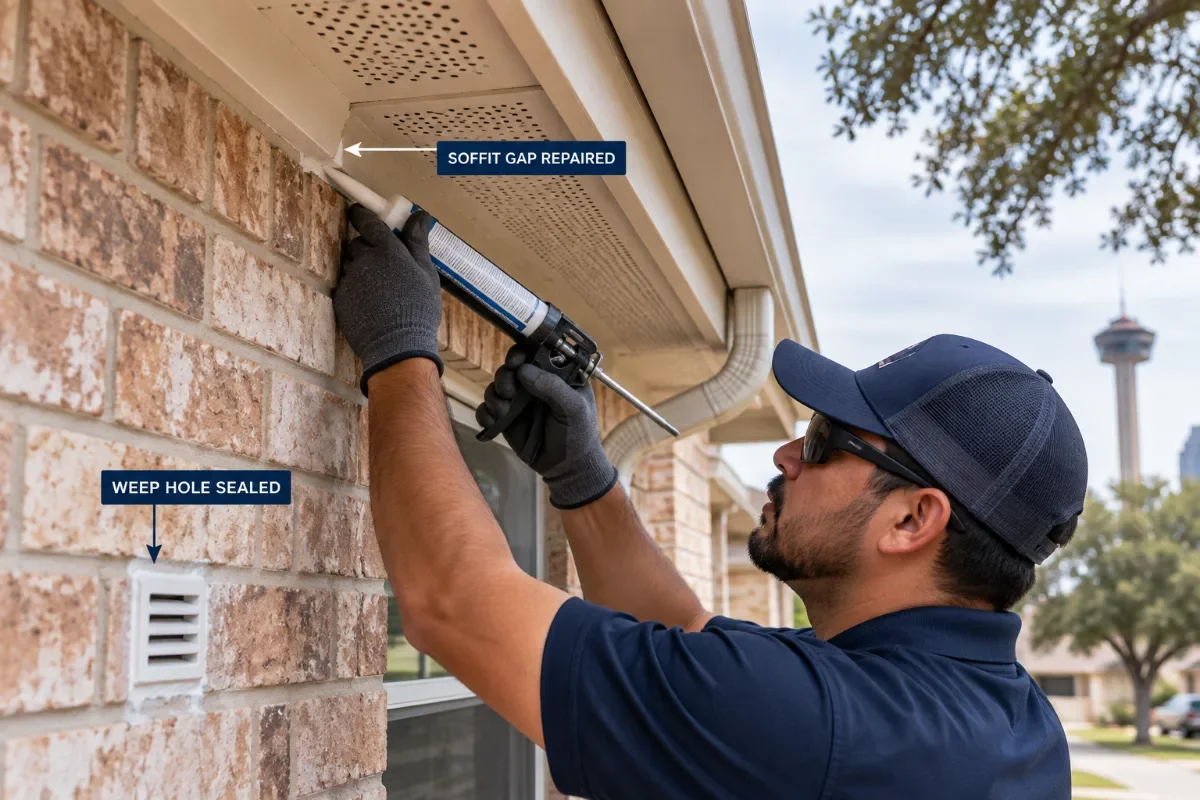 Sealed weep holes and a repaired soffit gap on the exterior brick wall of a San Antonio rental house