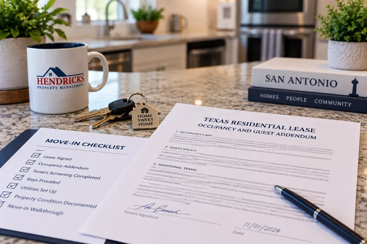 Move-in checklist and lease occupancy addendum on a kitchen counter next to keys