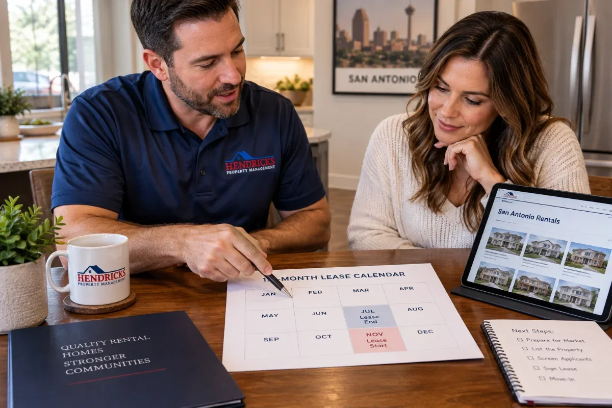 Property manager reviewing a lease calendar with an owner at a kitchen table in a San Antonio home