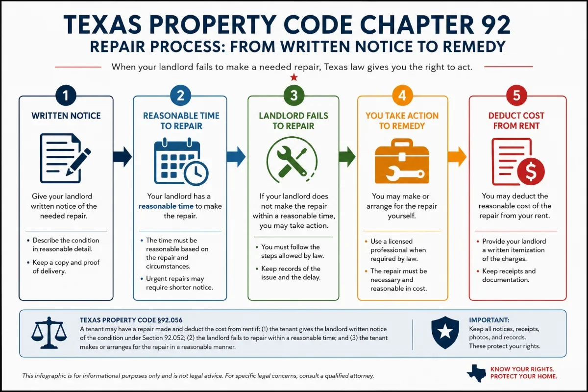 Infographic showing the Texas Property Code Chapter 92 repair process from written notice to remedy