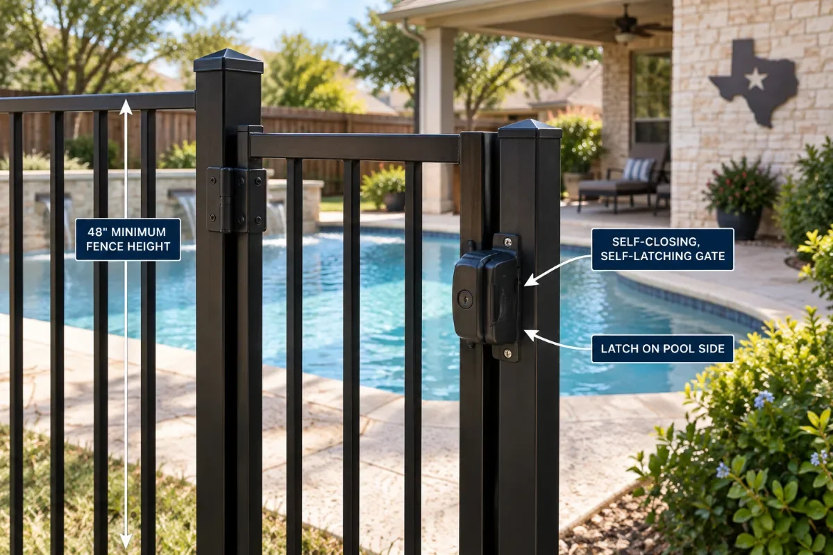 Self-closing pool gate with a latch mounted on the pool side of a 48-inch metal fence in a Texas back yard