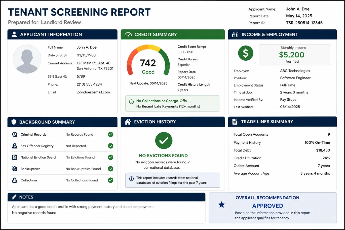 Sample tenant credit and background report with key fields highlighted for a landlord review