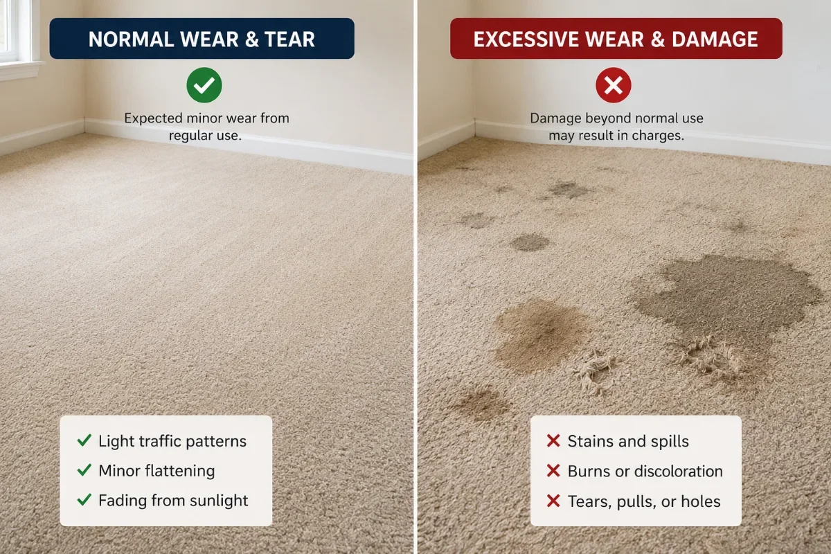 Side-by-side comparison of normal carpet wear versus a stained, damaged carpet