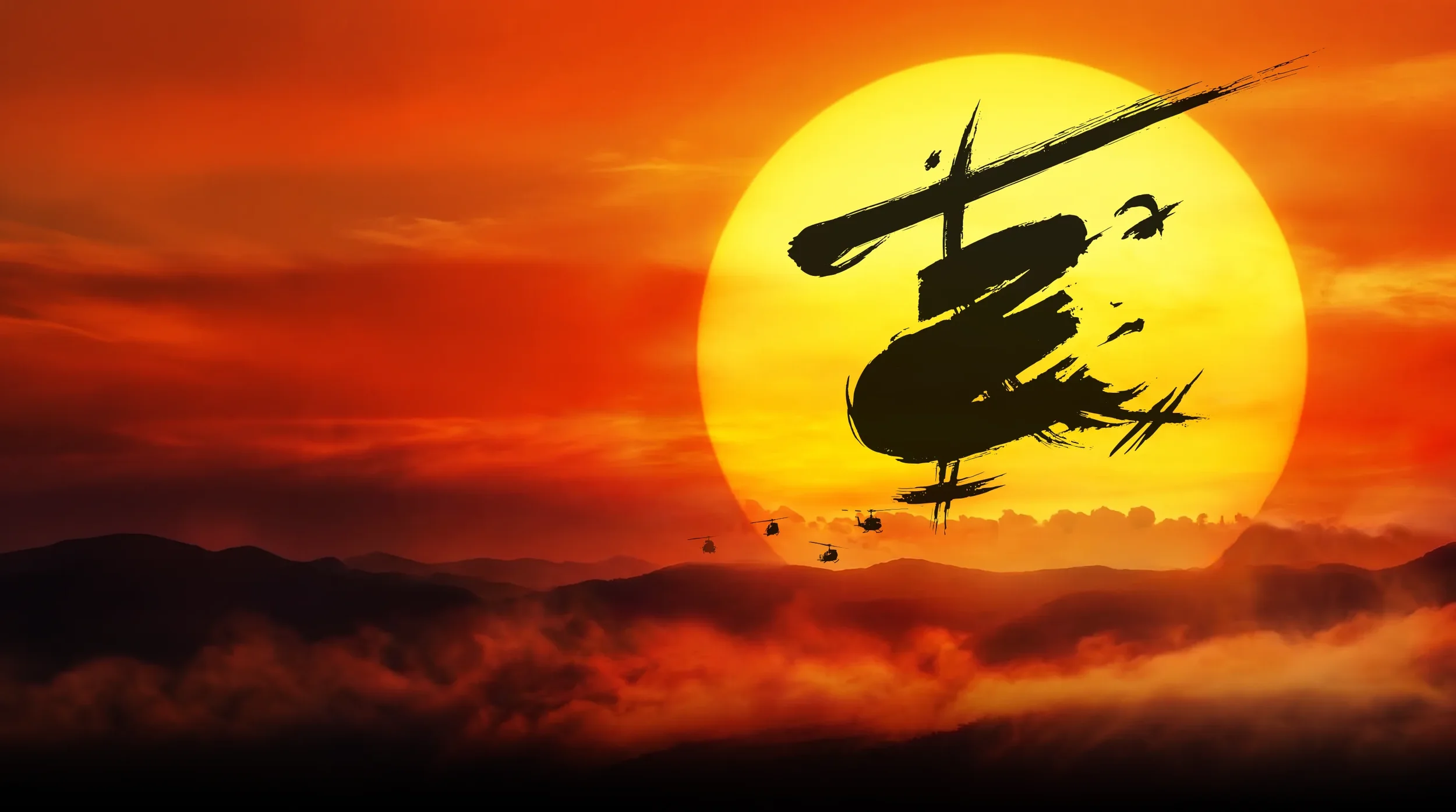 Miss Saigon — a semi-staged concert production. Sunset over the hills, helicopters silhouetted against the sun.