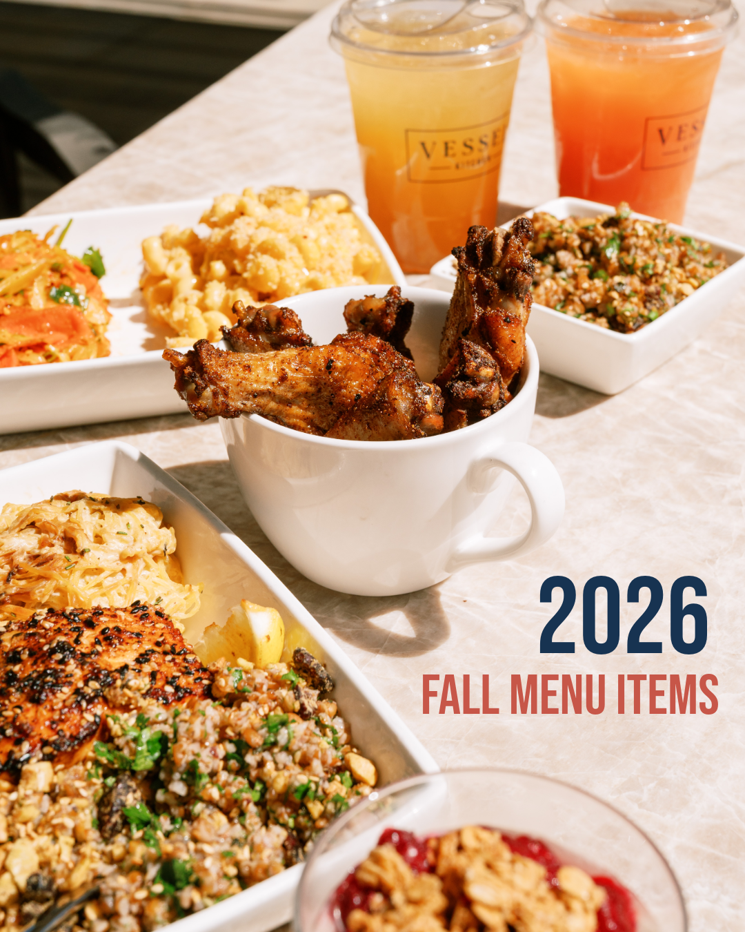 Vessel Kitchen fall menu spread with Moroccan wings, seasonal sides, chia pudding and refreshers.